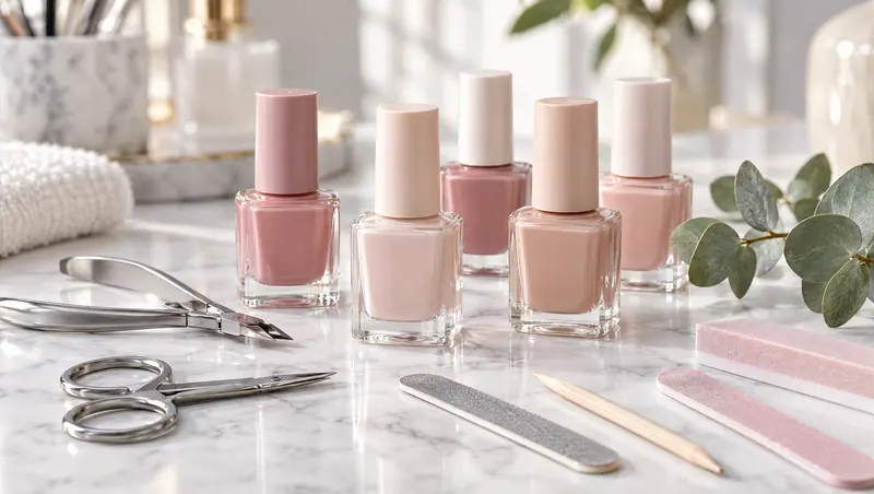 Nude and pink nail polishes beside a sprig of eucalyptus