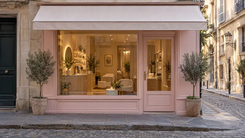 Pale pink shop front with an awning and two potted olive trees by the door