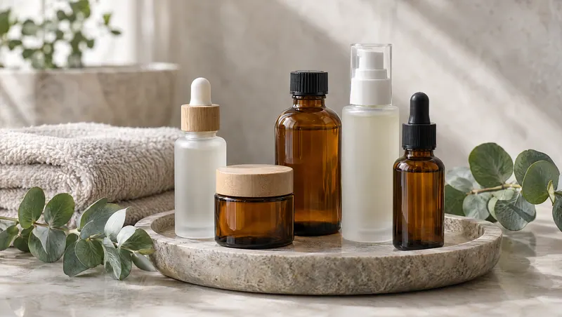 Glass skincare bottles on a stone tray