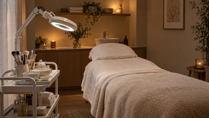 Facial room in soft candlelight, with the bed made up and ready
