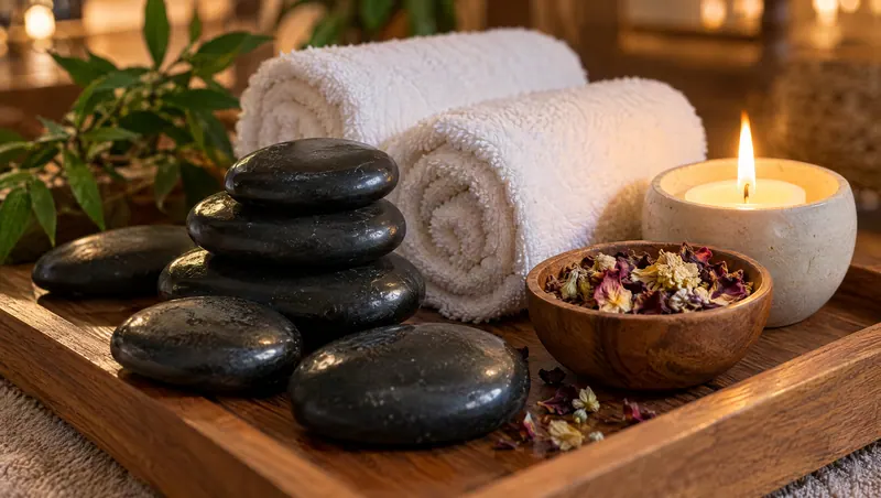 Black massage stones and rolled towels on a wooden tray