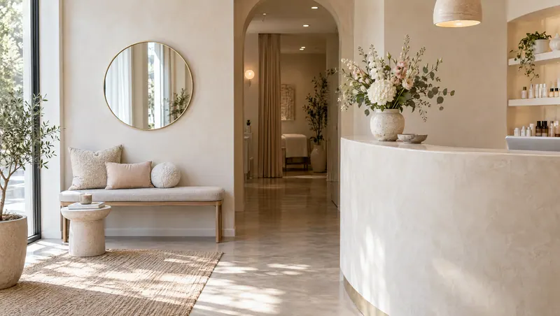 Reception with a curved desk, fresh flowers and a cushioned bench by the window