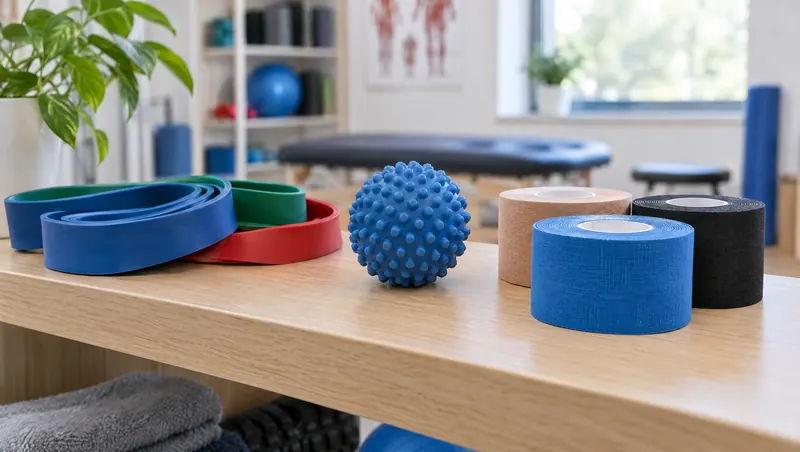 Resistance bands, a massage ball and rolls of kinesiology tape on a wooden table