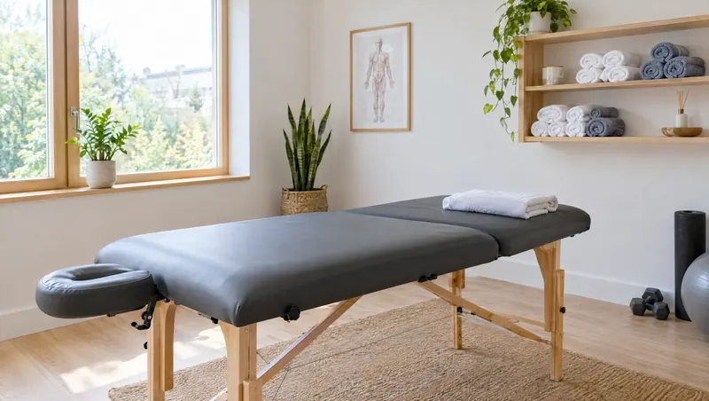 Private room with a treatment couch, plants and clean towels