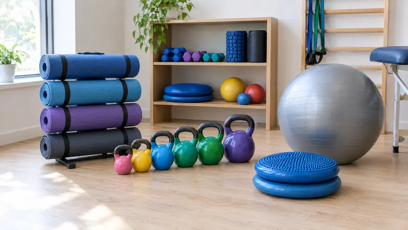 Rolled exercise mats, colourful kettlebells, a gym ball and balance cushions