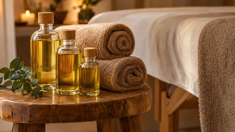 Massage oils in glass bottles and rolled towels beside a treatment couch
