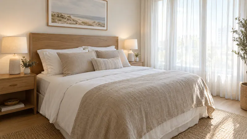 Dormitorio con cabecero de madera, ropa de cama en tonos lino y cortinas blancas