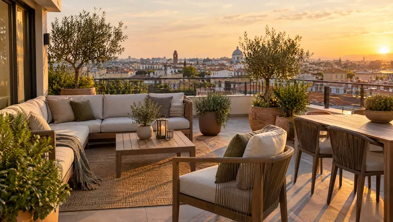 Terraza del ático al atardecer con sofá exterior, olivos en maceta y tejados al fondo