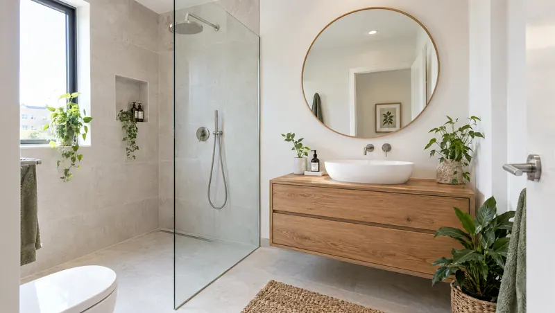 Baño reformado con ducha de obra, mueble de madera y espejo redondo
