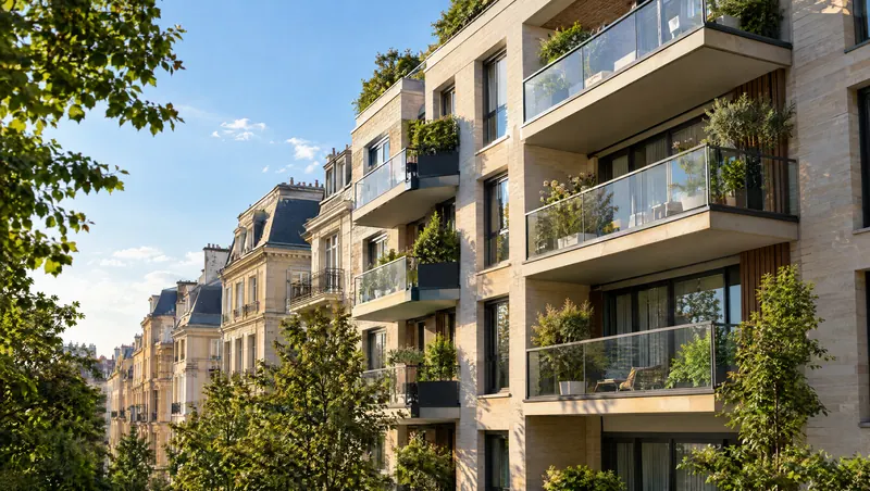 Edificio residencial con balcones acristalados y plantas en una calle arbolada