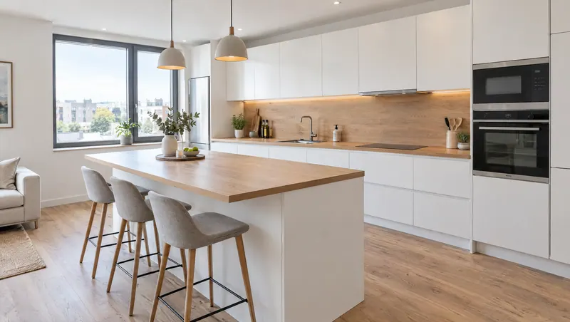 Cocina blanca con isla de encimera de madera, taburetes tapizados y lámparas colgantes