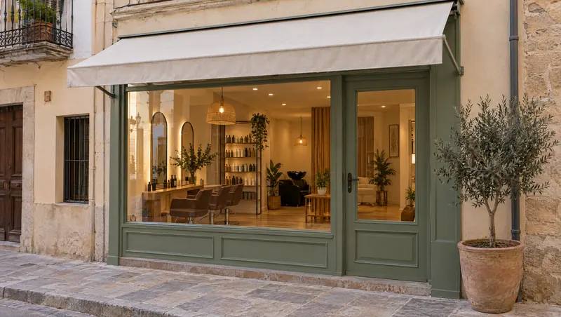 Fachada del salón con escaparate y olivo en la puerta