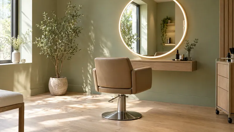 Sillón de corte junto a un espejo redondo con luz suave