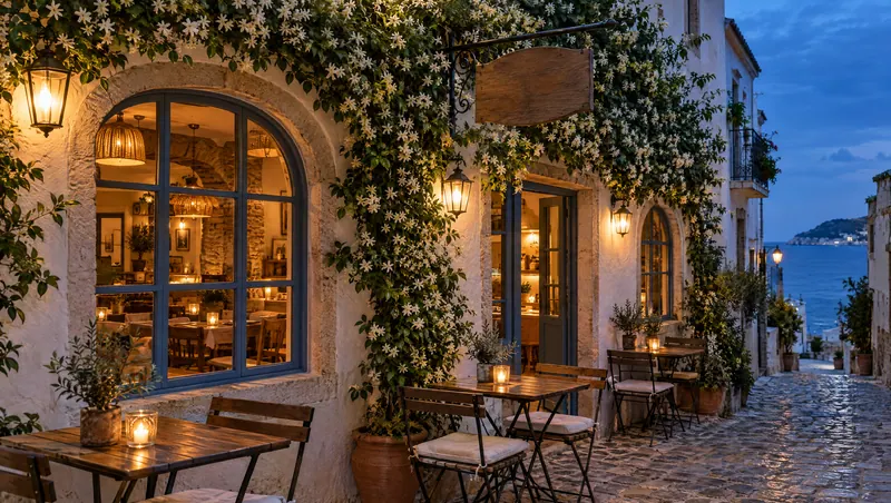 Fachada del restaurante en una calle empedrada al anochecer