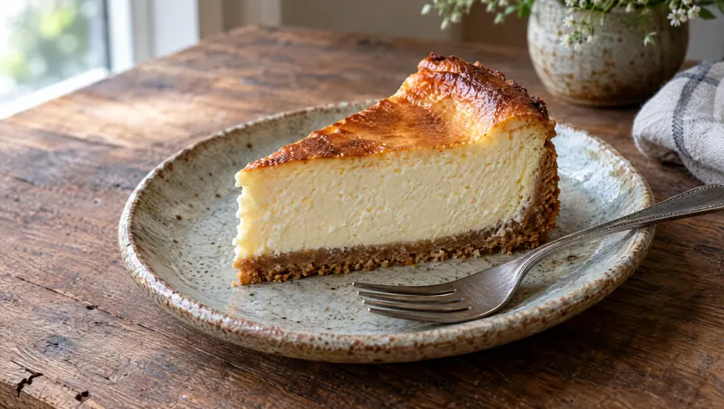 Porción de tarta de queso en un plato de cerámica