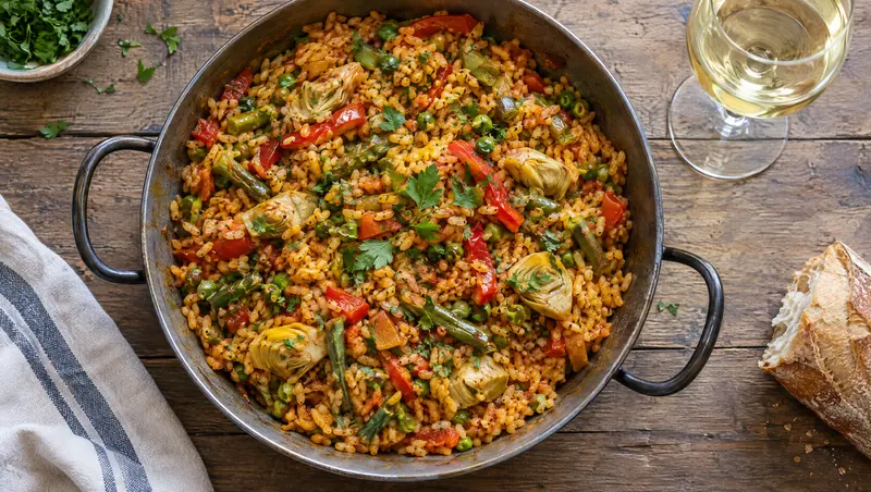 Arroz meloso de verduras en su cazuela con una copa de vino blanco