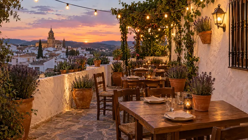 Terraza al atardecer con luces colgantes y lavanda